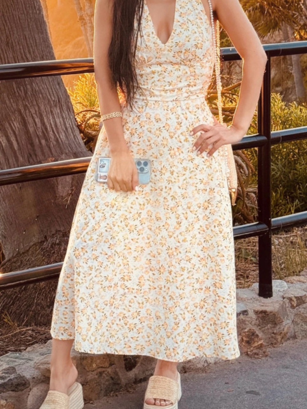 Sleeveless Cream Midi Dress with Yellow Floral Print